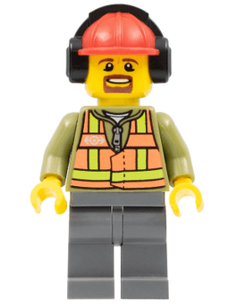 LEGO Light Orange Safety Vest Red Construction Helmet with Black Ear Protectors / Headphones Goatee (trn238) minifigure