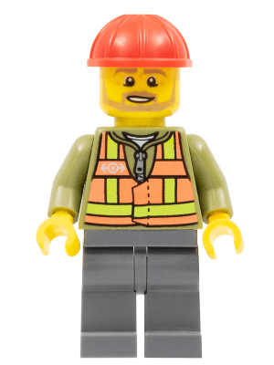 Light Orange Safety Vest, Dark Bluish Gray Legs, Red Construction Helmet, Beard Light Brown Angular