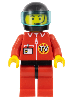 LEGO TV Logo in Globe on Red Jacket Headset Pattern (twn025) Town / City Minifigure