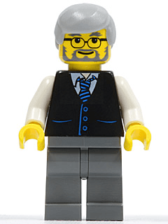 LEGO Black Vest with Blue Striped Tie Light Bluish Gray Male Hair Glasses (twn028) Town / City Minifigure