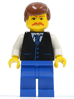 LEGO Black Vest with Blue Striped Tie Reddish Brown Male Hair Moustache (twn033) minifigure