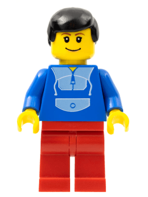 Jogging Suit, Red Legs, Black Male Hair, Wide Smile and Eyebrows