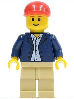 Dark Blue Jacket, Light Blue Shirt, Tan Legs, Red Short Bill Cap