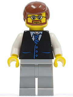 LEGO Black Vest with Blue Striped Tie Reddish Brown Male Hair Beard and Glasses (twn048) Town / City Minifigure