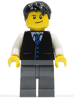 Black Vest with Blue Striped Tie, Dark Bluish Gray Legs, White Arms, Black Short Tousled Hair