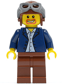 LEGO Dark Blue Jacket Light Blue Shirt Reddish Brown Legs Aviator Cap and Goggles (twn050) Town / City Minifigure