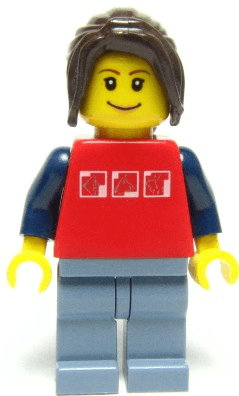 LEGO Red Shirt with 3 Silver Logos Dark Brown Hair Ponytail Long with Side Bangs (twn051) minifigure