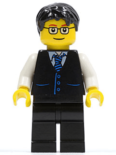 LEGO Black Vest with Blue Striped Tie Black Short Tousled Hair Glasses (twn052) Town / City Minifigure
