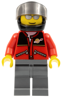 Red Jacket with Zipper Pockets and Classic Space Logo, Dark Bluish Gray Legs, Black Helmet, Silver Sunglasses