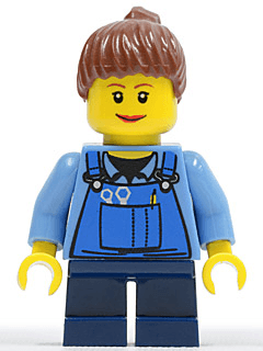 LEGO Overalls with Tools in Pocket Blue Reddish Brown Ponytail Hair Lipstick Dark Blue Short (twn086) Town / City Minifigure