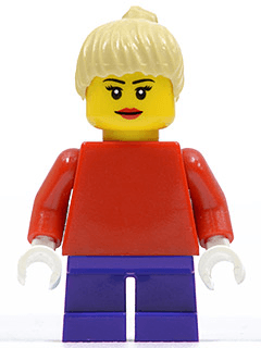 LEGO Plain Red Torso with Red Arms Dark Purple Short Legs Tan Female Ponytail Hair Black Eyebrows (twn090a) minifigure