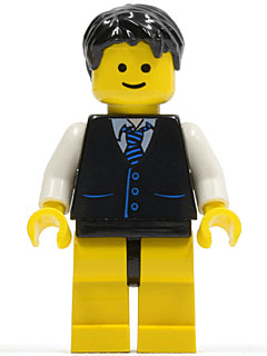 LEGO Black Vest with Blue Striped Tie Black Short Tousled Hair (twn104) minifigure