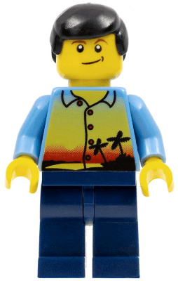 Sunset and Palm Trees - Male, Dark Blue Legs, Black Male Hair, Lopsided Smile
