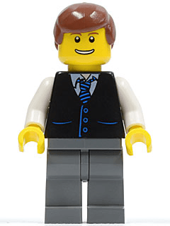 LEGO Black Vest with Blue Striped Tie Reddish Brown Male Hair (twn108) minifigure