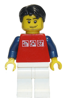 LEGO Red Shirt with 3 Silver Logos Black Short Tousled Hair (twn111) Town / City Minifigure