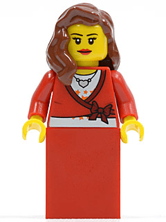 LEGO Sweater Cropped with Bow Heart Necklace Red Skirt Reddish Brown Female Hair over Should (twn121a) Town / City Minifigure