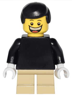 Plain Black Torso with Black Arms, Tan Short Legs, Black Male Hair