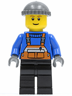Overalls with Safety Stripe Orange, Black Legs, Dark Bluish Gray Knit Cap, Brown Eyebrows, Thin Grin