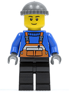 Overalls with Safety Stripe Orange, Black Legs, Dark Bluish Gray Knit Cap, Black Eyebrows, Thin Grin