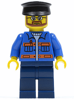 Blue Jacket with Pockets and Orange Stripes, Dark Blue Legs, Black Hat