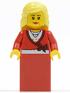 LEGO Sweater Cropped with Bow Heart Necklace Red Skirt Bright Light Yellow Female Hair Mid-Le (twn134) Town / City Minifigure