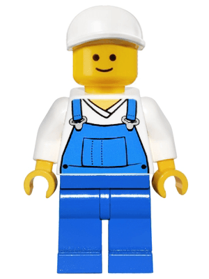 Overalls Blue over V-Neck Shirt, Blue Legs, White Short Bill Cap