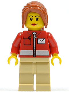 Post Office White Envelope and Stripe, Tan Legs, Dark Orange Ponytail Long with Side Bangs