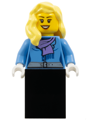 Medium Blue Jacket with Light Purple Scarf, Black Skirt, Bright Light Yellow Female Hair over Shoulder