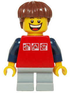 Red Shirt with 3 Silver Logos, Dark Blue Arms, Light Bluish Gray Short Legs, Reddish Brown Hair