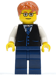 LEGO Black Vest with Blue Striped Tie Dark Orange Short Tousled Hair Rectangular Glasses (twn211) minifigure