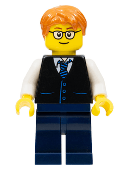 LEGO Black Vest with Blue Striped Tie Dark Orange Short Tousled Hair Rounded Glasses (twn211a) minifigure