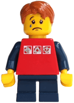 LEGO Red Shirt with 3 Silver Logos Dark Blue Short Legs Dark Orange Hair (twn214) minifigure