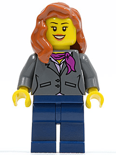Dark Bluish Gray Jacket with Magenta Scarf, Dark Blue Legs, Dark Orange Female Hair over Shoulder