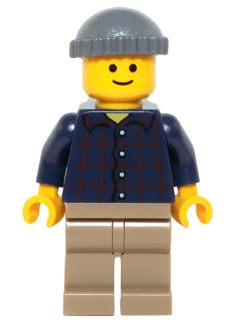 LEGO Plaid Button Shirt Dark Bluish Gray Knit Cap Standard Grin (Pool Player) (twn219) Town / City Minifigure