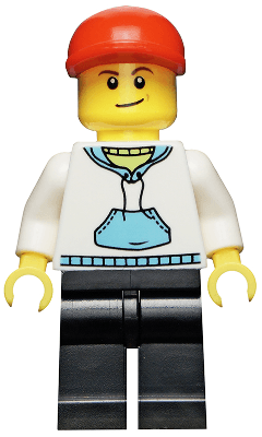 LEGO White Hoodie with Medium Blue Pocket Red Short Bill Cap Crooked Smile (twn225) Town / City Minifigure
