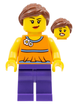 LEGO Orange Halter Top with Medium Blue Trim and Flowers Pattern Dark Purple Legs Reddish Bro (twn230) Town / City Minifigure
