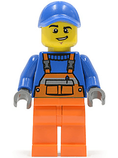 LEGO Overalls with Safety Stripe Orange Blue Cap with Hole Lopsided Grin (twn232) Town / City Minifigure