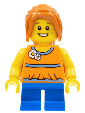 LEGO Girl Blue Short Legs Dark Orange Hair Ponytail Long with Side Bangs (twn238) Town / City Minifigure