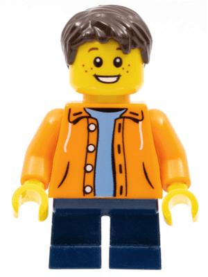 LEGO Orange Jacket with Hood over Light Blue Sweater Dark Blue Short Legs Dark Brown Short To (twn267) Town / City Minifigure
