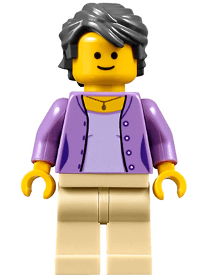 Florist - Female, Medium Lavender Jacket on Lavender Shirt, Tan Legs, Dark Bluish Gray Hair Swept Back Tousled