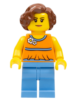 LEGO Orange Halter Top with Medium Blue Trim and Flowers Pattern Reddish Brown Hair Short Wav (twn276) Town / City Minifigure