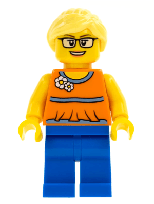 LEGO Orange Halter Top with Medium Blue Trim and Flowers Pattern Bright Light Yellow Ponytail (twn279) Town / City Minifigure