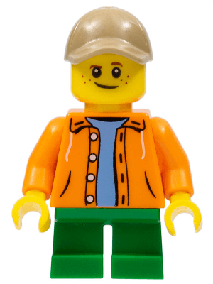 Boy, Orange Jacket with Hood over Light Blue Sweater, Green Short Legs, Dark Tan Cap with Hole