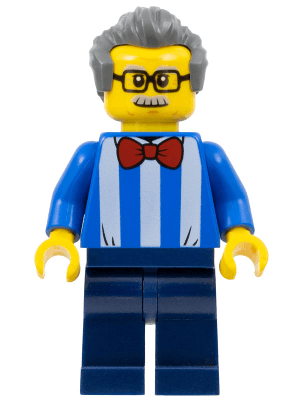 Carousel Ticket Vendor - Male, Blue Shirt with White Stripes and Red Bow Tie (Printed Back), Dark Blue Legs, Dark Bluish Gray Swept Back Hair, Moustache and Glasses