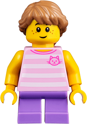 Child - Girl, Bright Pink Striped Shirt with Cat Head, Medium Lavender Short Legs, Medium Nougat Braided Hair