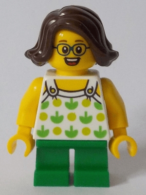 Child - Girl, White Halter Top with Green Apples and Lime Spots, Green Short Legs, Dark Brown Hair, Glasses