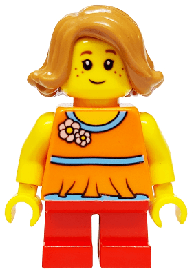 Child - Girl, Orange Halter Top with Flowers and Low Back, Red Short Legs, Medium Nougat Hair, Freckles