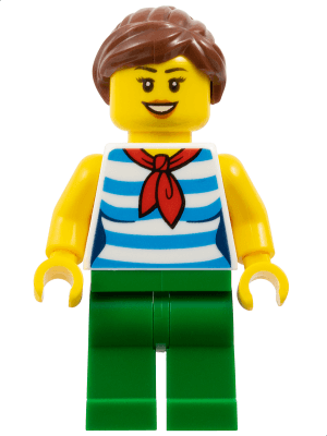 Fairground Carousel Rider - Female, Dark Azure and White Striped Shirt with Red Scarf, Green Legs, Reddish Brown Ponytail