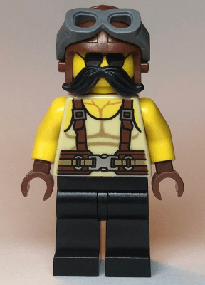Man, Tan Tank Top, Black Moustache, Reddish Brown Suspenders and Aviator Cap with Dark Bluish Gray Goggles