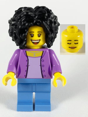 Female, Bushy Black Hair, Medium Lavender Jacket on Lavender Shirt, Medium Blue Legs